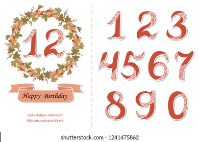 Vector set with grapes wreath, numbers, ribbon. Design elements for baby birth, birthday party, greeting card, invitation.