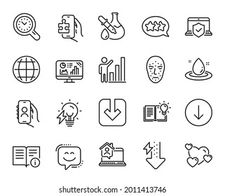 Vector set of Graph chart, Heart and Technical info line icons set. Electricity bulb, Stars and Puzzle game icons. Smile face, User call and Scroll down signs. Graph chart web symbol. Vector