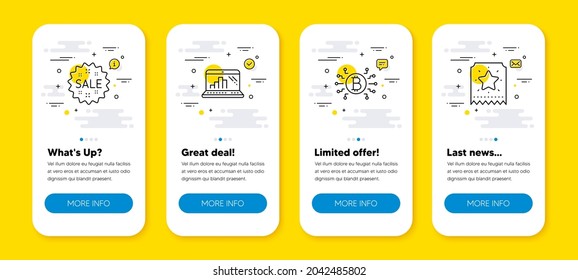 Vector set of Graph laptop, Bitcoin system and Sale line icons set. UI phone app screens with line icons. Loyalty ticket icon. Mobile report, Cryptocurrency scheme, Shopping star. Bonus star. Vector