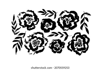 Vector set of graphic abstract flowers. Black brush painted flowers collection. Hand drawn floral clip art elements. Black and white botanical ink illustration, stencil silhouettes isolated on white