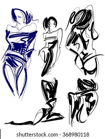 VECTOR set
  graphic with beautiful young   girl model for design. Fashion, style, youth,   beauty .Graphic, sketch drawing. Sexy woman. 