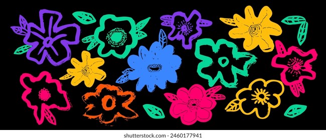 Vector set of graphic color flowers. Color brush painted flowers collection. Hand drawn floral clip art elements. Multicolored botanical ink illustration, stencil silhouettes isolated on black.