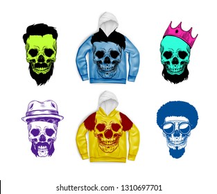 Vector set of graphic colorful skulls in the crown or hat and printed illustrations on realistic hooded sweater isolated on white background