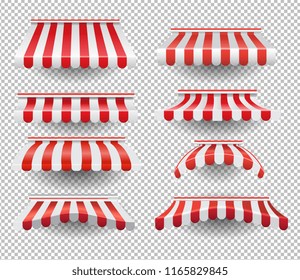 Vector set of graphic colorful tents in red and white stripes on transparent background