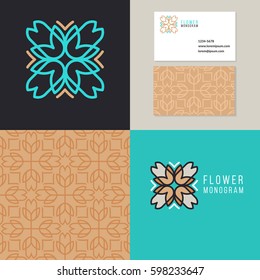 Vector set of graphic design elements, logo design and business card templates and flowers patterns in trendy linear style.Element for floral shops,cosmetics packaging, beauty and spa studios.