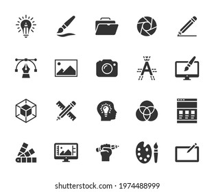 Vector set of graphic design flat icons. Contains icons creative idea, drawing, 3D modeling, web design, portfolio, photography and more. Pixel perfect.