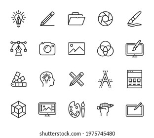 Vector set of graphic design line icons. Contains icons creative idea, drawing, 3D modeling, web design, portfolio, photography and more. Pixel perfect. - Shutterstock ID 1975745480