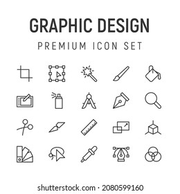 Vector set of graphic design thin line icons. Design of 20 stroke pictograms. Signs of graphic design isolated on a white background.