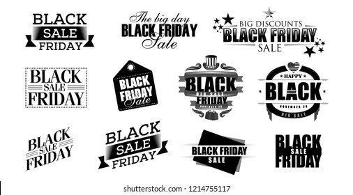 Vector set of graphic elements for design. Graphic elements with text black friday is the day of big sales for black logos white background.