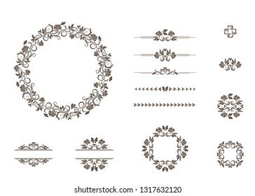 Vector set of graphic elements for design. Floral elements for design of invitations, frames, menus, monograms, labels, websites. EPS 8.