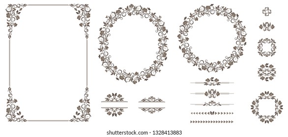 Vector set of graphic elements for design. Floral elements for design of invitations, frames, menus, monograms, labels, websites.