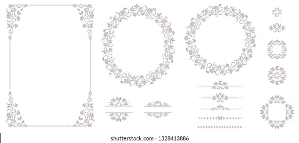 Vector set of graphic elements for design. Floral elements for design of invitations, frames, menus, monograms, labels, websites.