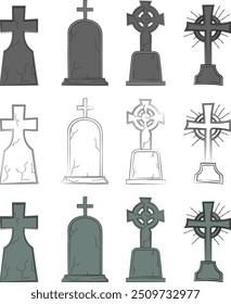 Vector set of graphic elements for Halloween. Tombstones, cemetery.