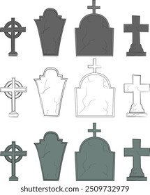 Vector set of graphic elements for Halloween. Tombstones, cemetery.
