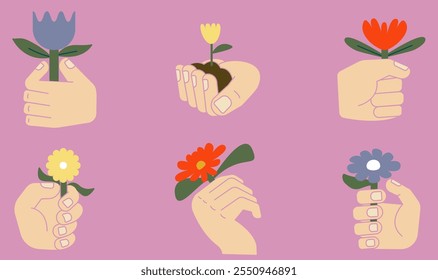 Vector set of graphic elements of hands holding flowers. Nature and Growth. Isolated Symbols of Life