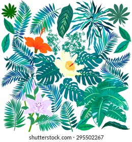 Vector set of graphic elements with leafs inspired by tropical nature, plants like palm trees, ferns in multiple green colors, hibiscus flowers and pink orchids