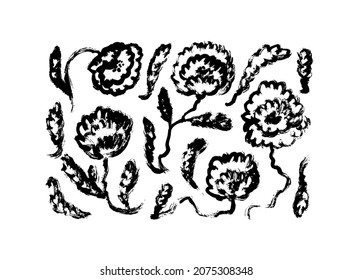 Vector set of graphic exotic flowers. Hand drawn brush painted floral clip art elements. Beautiful abstract flowers collection. Black and white botanical ink illustration isolated on white background