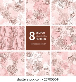 Vector set of graphic flower background. Seamless floral pattern for your design wallpapers, pattern fills, web page backgrounds, surface textures.