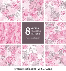 Vector set of graphic flower background. Seamless floral pattern for your design wallpapers, pattern fills, web page backgrounds, surface textures.