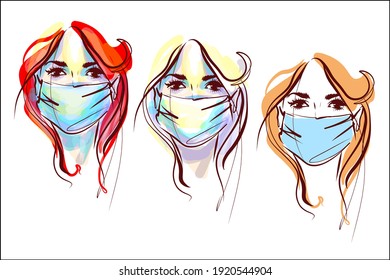 vector set graphic with a girl in a medical mask from coronavirus infection for logo design