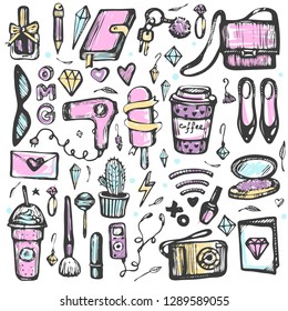 Vector set with graphic girls items