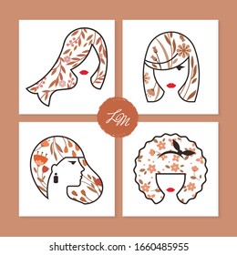 Vector set of graphic icons of female styles. Linear style silhouettes of women and girls isolated on white background.