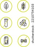 Vector set of graphic icons. Gmo, vegan, lactose , gluten fre, natural, sugar free, pesticides free, fruit. Ideal for stickers, print, graphic design, web.