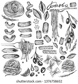 Vector set with graphic icons of pasta on the white background