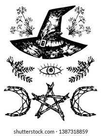 vector set of graphic icons. Stickers with magic witches' wiccan symbols. Monochrome illustrations of  magic witch's hat,  watching eye, pentagram and herbs. On transparent background