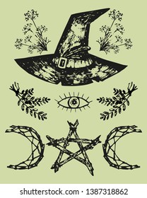 vector set of graphic icons. Stickers with magic witches' wiccan symbols. Monochrome illustrations of  magic witch's hat,  watching eye, pentagram and herbs. On beige background