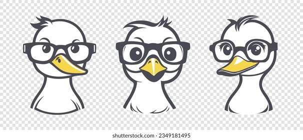 Vector set of graphic icons or stickers. Cute little cartoon white ducklings, chicken with yellow beak and glasses. Isolated background.
