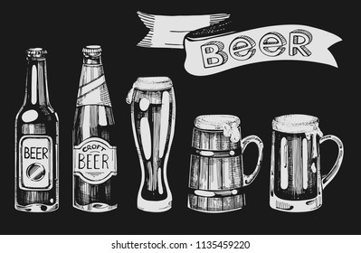 Conjunto vectorial con ilustraciones gráficas con cerveza en el fondo negro.