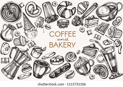 Vector set with graphic illustrations - coffee, cocoa, bakery and muffin
