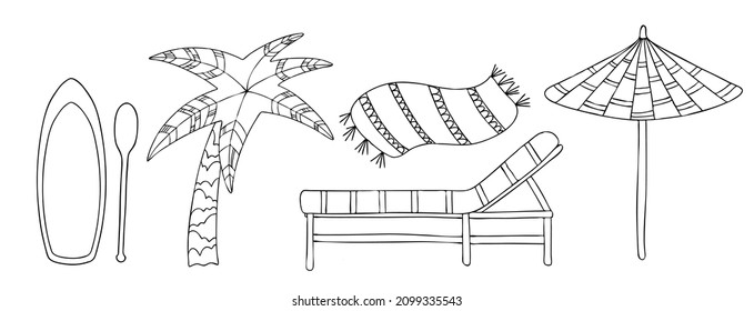 Vector set with graphic illustrations: parasol, lounger, palm, towel, sup, paddle. Beach summer details for your design.