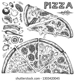 Vector set with graphic illustrations of pizza