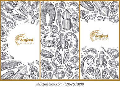 Vector set with graphic illustrations of sea food
