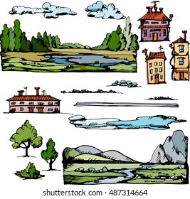 Vector set of graphic landscape and buildings. Hand drawn engraving sketch.