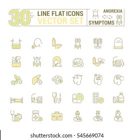 Vector set graphic logo, icon. Anorexy. Concept psychological disease. Vomitig, weight loss. Symptoms, disorder. Linear, flat, contour, thin. App, template, infographic. Symbol, element, emblem.