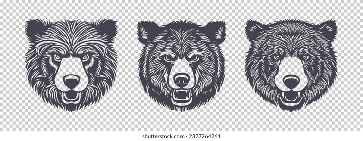 Vector set of graphic monochrome engraving hairy big bear heads with open mouth. Isolated background. Stickers or icons.