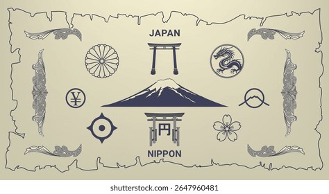 Vector set of graphic monochrome symbols and signs of Japan. Collection of Japanese patterns. Mount Fuji, yen, coat of arms, religious gate, sakura flower, bank mark, mythical dragon. Isolated