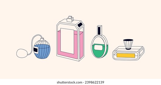 Vector set of graphic perfume bottles of different colors. Vector elements for the design of advertising brochures in the fashion and cosmetics industry. Scandinavian modern style illustration.