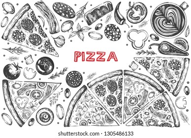 Vector set with graphic  pizza icons on the white background