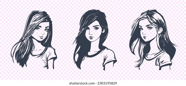 Vector set of graphic portraits of young cute beautiful cartoon teen girls with long hair.