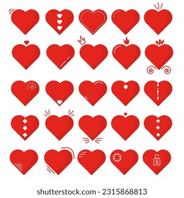 conjunto de vectores con colección de corazones rojos gráficos aislados en fondo blanco