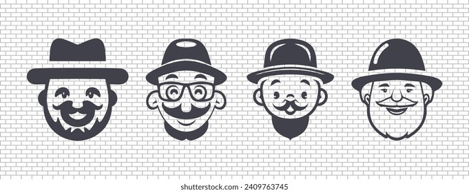 Vector set of graphic simple icons. Portraits of cheerful smiling mustachioed men in a hat. Stickers of kind bearded grandfathers.