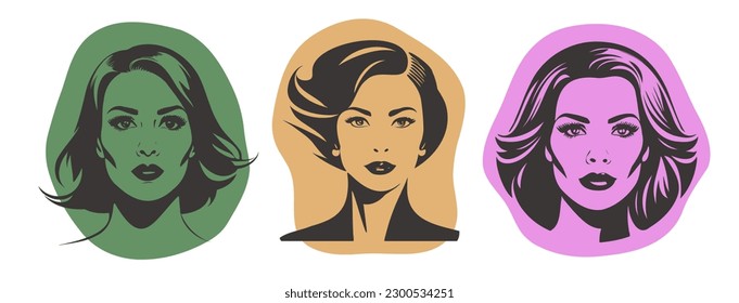 Vector set of graphic simple portraits of beautiful fashionable young ladies. Color spots. White isolated background.