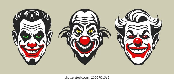 Vector set of graphic sinister laughing scary red-nosed clown heads. Stickers, icons or badges. Light isolated background.