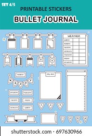 Vector set of graphic stickers. Bullet journal boxes, dividers. Set 4, including weekly weather tracker, note pages, flag ribbon, envelope, buntings garlands, envelope. FLAT icons