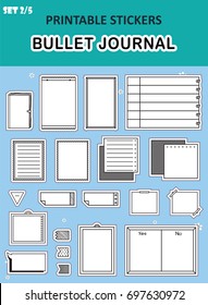 Vector set of graphic stickers. Bullet journal boxes, dividers. Set 2, including simple paper pages with frame, pages with perforation, lined notes, boards, text cloud. FLAT icons