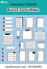 Vector set of graphic stickers. Bullet journal boxes, dividers. Set 1, including simple paper notes, notebook, pages with perforation, lined notes, book with paper clip, sticky notes. FLAT icons